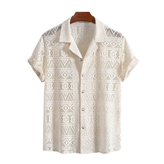 Short Sleeve Geometry Textured Cuban Shirt